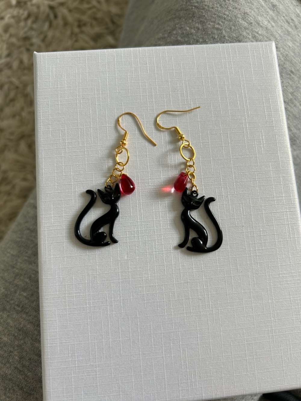 Black Cat Dangle Earrings with Red Accent